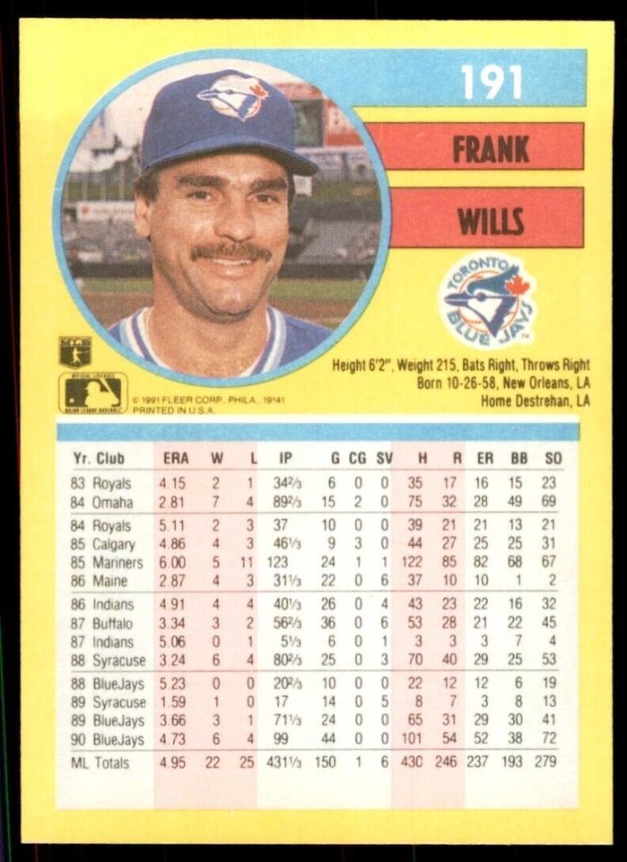 1991 Fleer Frank Wills Baseball Cards #191 - Image 2 of 2