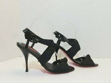 Betsey Johnson Black Satin Bow Peep toe Heels,leather sole Sz 7.5, ankle strap