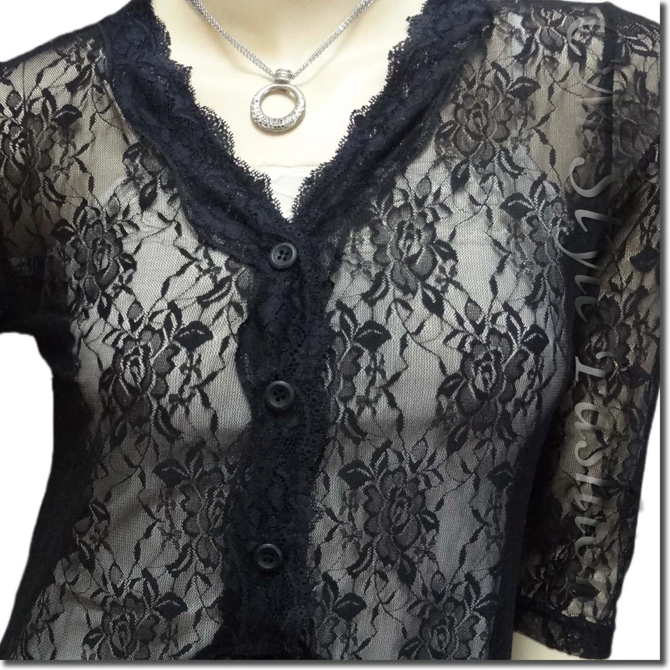 Elegante Blusa Cárdigan Transparente de Encaje Floral Moda Top Negra S/M/L/XL Foto 2 de 4