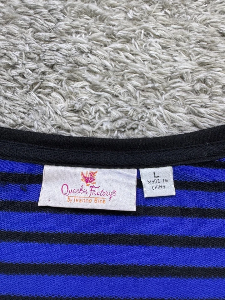 Quacker Factory Sweater Womens Large Royal Blue Striped Full Zip Chore Cardigan - Image 3 of 4