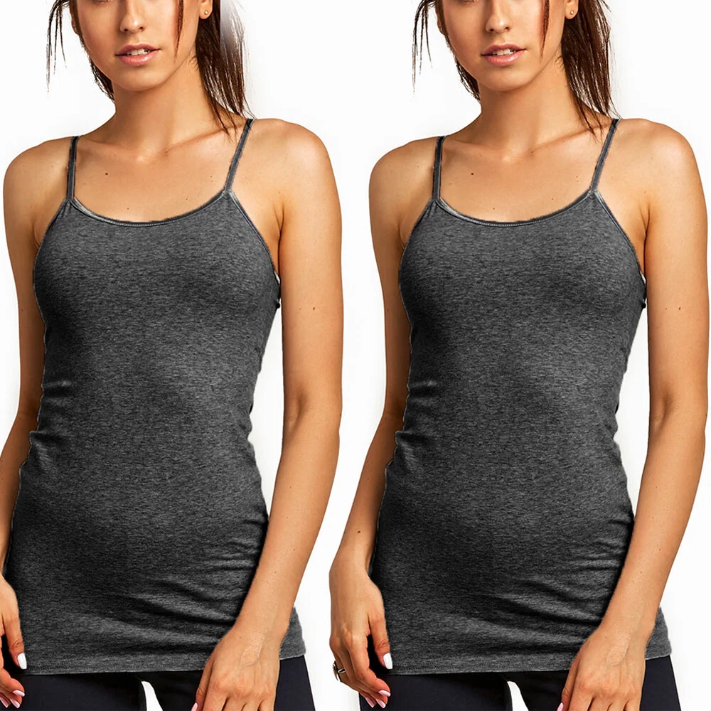 2 Pc Womens Basic Tank Top Stretch Camisole Spaghetti Strap Long Plain Cami  Grey