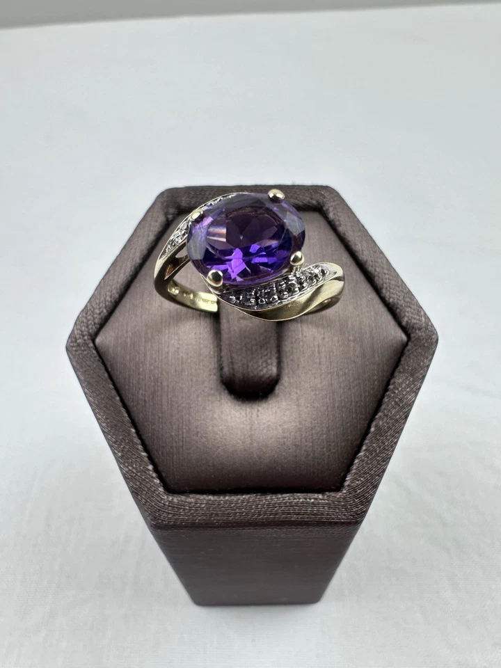 Кольцо из золота 9 карат с аметистом и бриллиантом, винтажный клейменный натуральный аметист  - Изображение 2 из 4