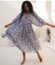 Daughters Of India Kyra Midi Dress Size medium Blue Iris Cotton
