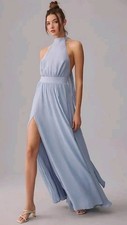 Maxi Vestido Reformatiom Andee Cuello Halter Azul Claro con Abertura Lateral