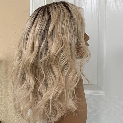 Wavy Balayage Blonde Lace Front Human Hair Wig Dark Roots