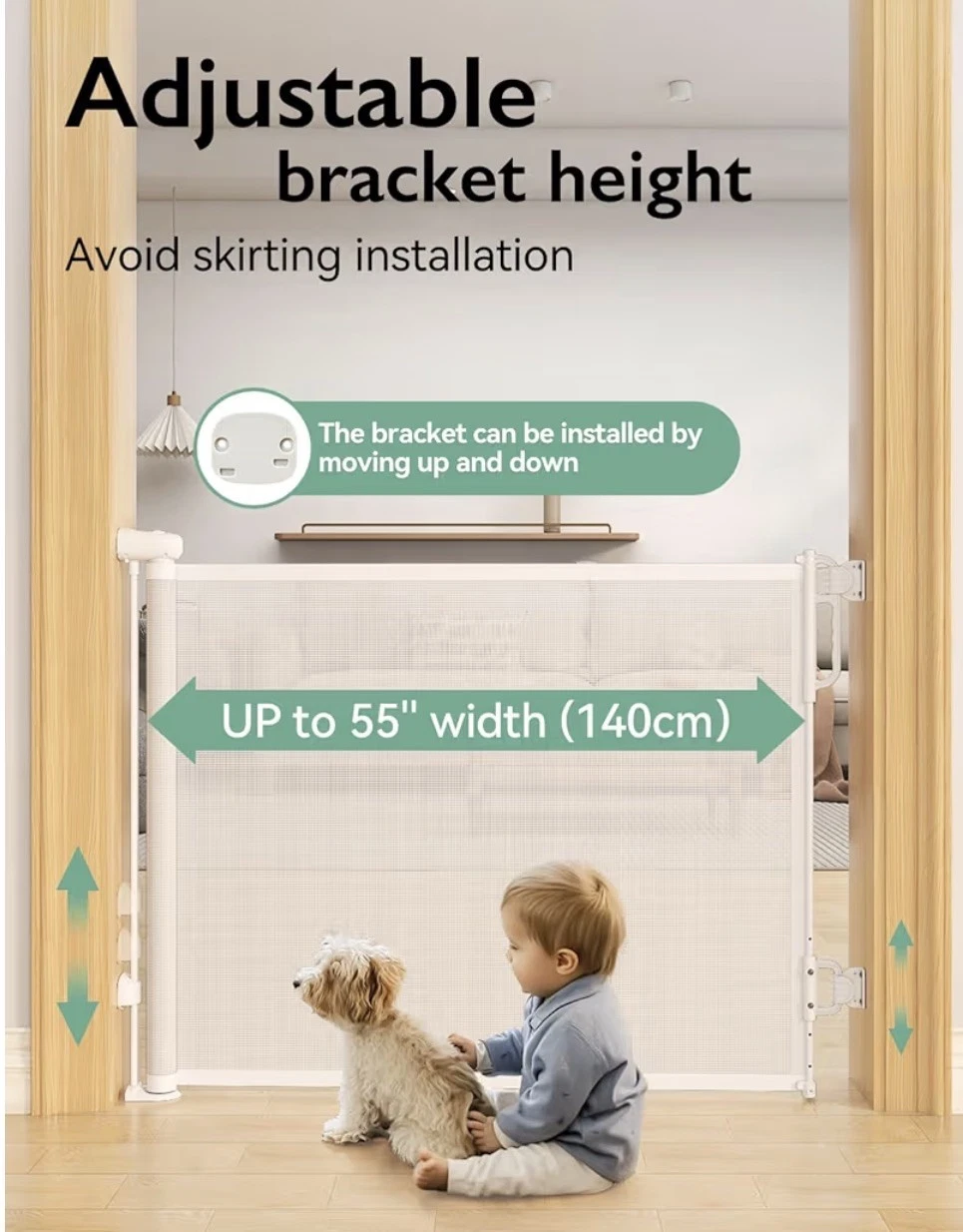 MOMCOZY RETRACTABLE BABY GATE, 33" TALL, EXTENDS UP TO 55" WIDE - WHITE