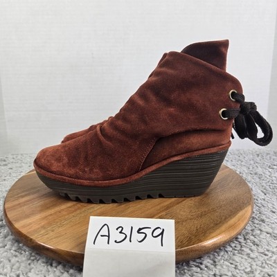 Fly London Womens 40 Yama Brown Suede Ankle Strap Casual Platform Wedge Bootie