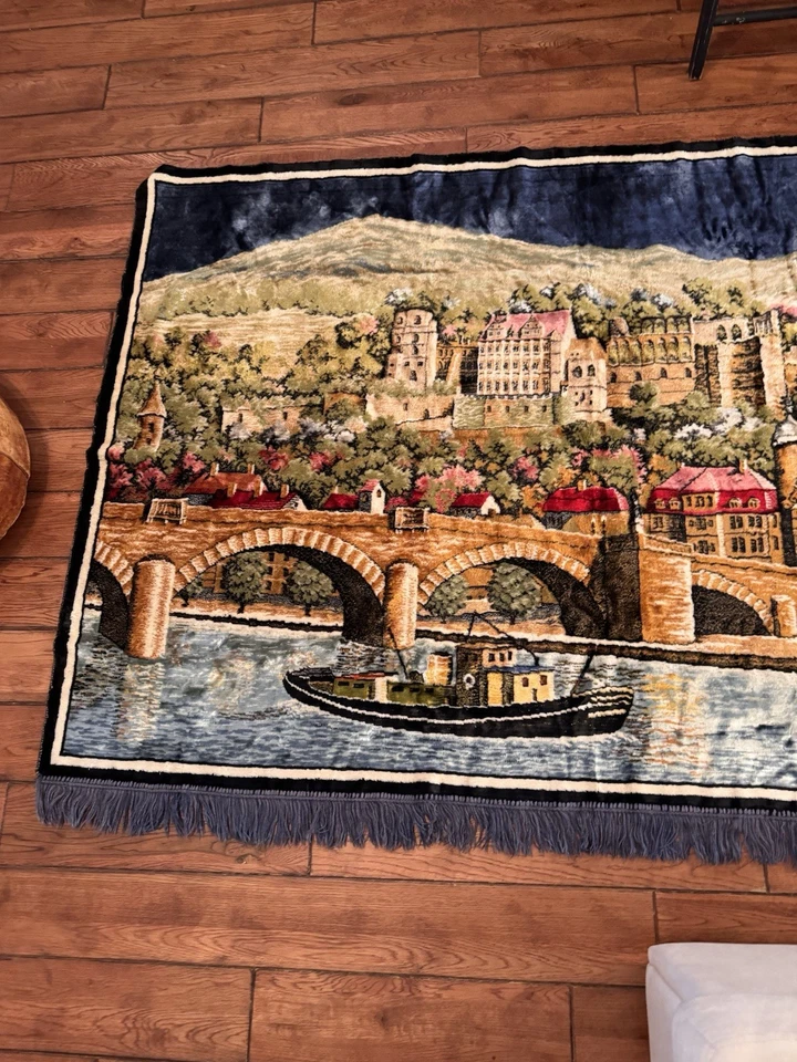 Vintage European Village Tapestry Wall Hanging Landscape River Castle Core 47x70 - Image 3 of 4