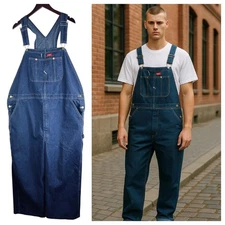 Dickies Bib Overalls Mens 46 x 30 Denim Dark Wash Blue Carpenter Work Utility W