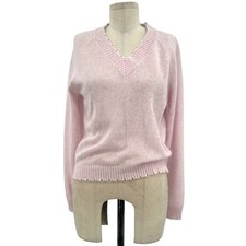 Minnie Rose Cashmere Frayed Edge Cropped V-Neck Sweater Pink Size Small