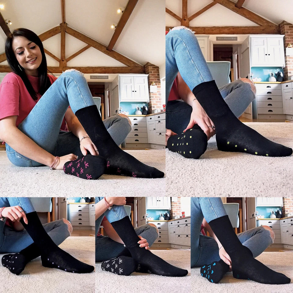 Lindos calcetines de vestir ricos en algodón negro para mujer/mujer con lazos y corazones Foto 3 de 4