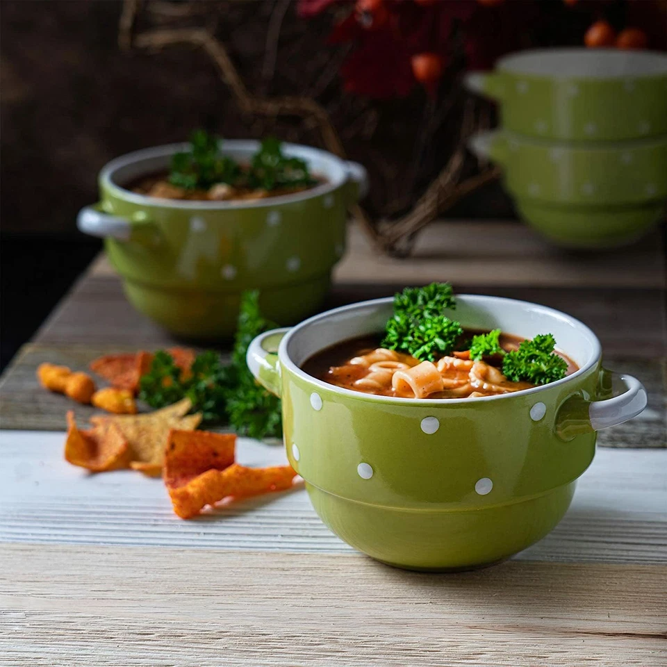 Cuencos de sopa con asas - Cerámica - Verde lunares - 16 onzas - Juego de 4 Foto 4 de 4