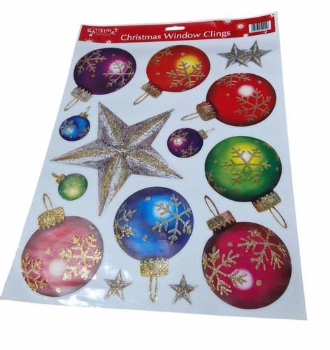 2 x Christmas Glittery Window Clings Stickers Snowman & Baubles Assorted Sizes - Picture 3 of 5
