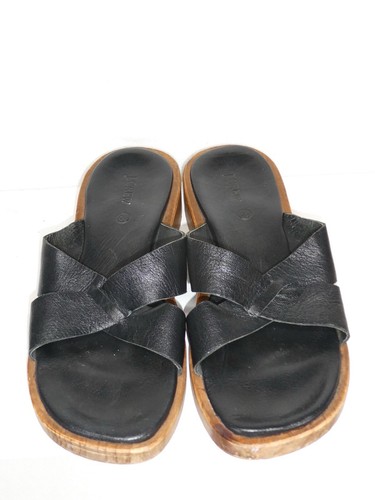 Vtg J Crew Wood Platform Sandals Womens Size 10 Black Leather Slide Clogs Chunky - Picture 3 of 10