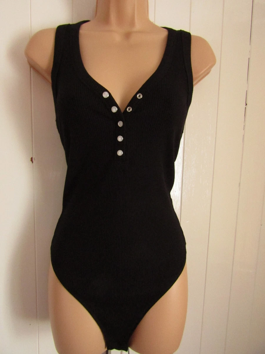 New With Tags New Look Tall Black Popper Front Stretch Bodysuit - Size 14