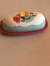 THE PIONEER WOMAN FLEA MARKET FLORAL OVAL CERAMIC BUTTER DISH BUTTERFLY ON LID 