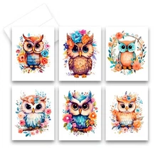 12 Assorted Notecards, Greeting Card Set Blank with Envelopes  - OWL (2 of each)