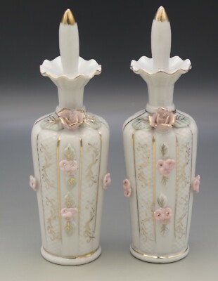 MADE IN JAPAN ROCOCO STYLE PORCELAIN APPLIED ROSES SET OF 2 PERFUME BOTTLES