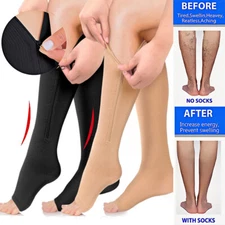 1/3x Inside Leg Zipper Compression Grade Socks 20-30 mmHg Calf Open Toe Stocking