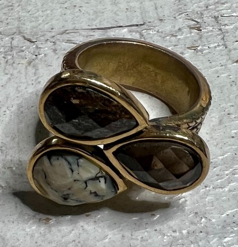 Anello Studio Barse Bronzo Quarzo Fumè Diaspro Bronzite Gemma Misura 7,5 Firmato - Foto 2 di 12