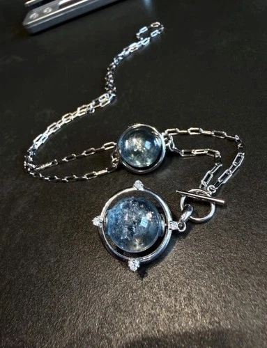 Aquamarine Double Bead Pendant Necklace Blue Gemstone Silver Tone Celestial - product listing photo