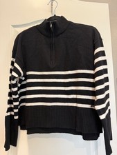 DKNY Womens Quarter Zip Striped Sweater Black White Mock Neck, MSRP 79