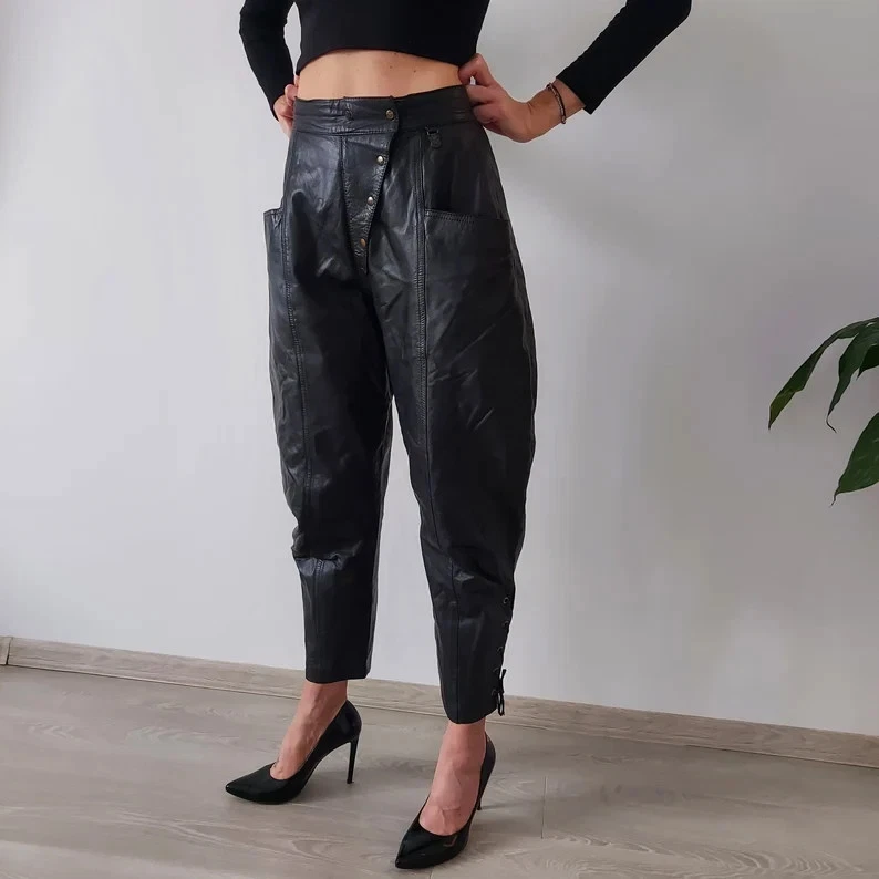 Women's Black Genuine Leather Pants 80s High waist Tapered Leg Balloon