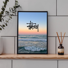 Stüssy INSPIRED ocean Horizon Art – Black & white coastal Poster – a4 – Framed