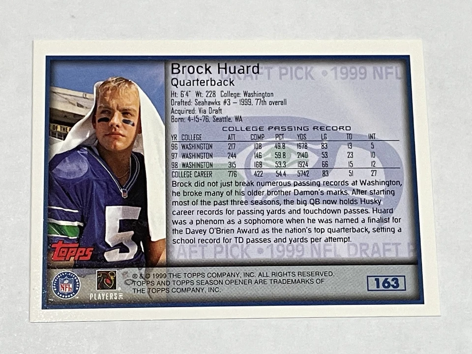 1999 Topps Season Opener Football #163 - Brock Huard RC - Seattle Seahawks - Image 2 of 2
