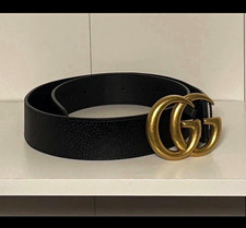 Authentic Gucci Black and Gold GG Buckle Men's Adjustable Leather Belt