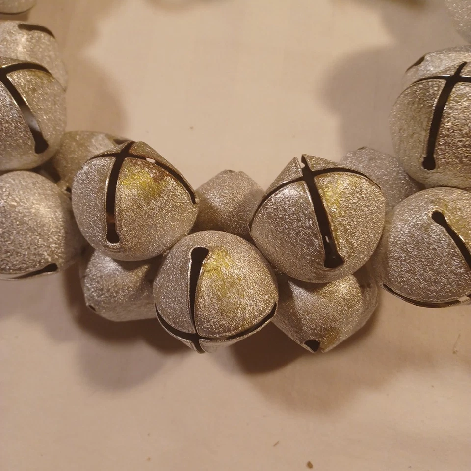 Silver Jingle Bell Wreath Door Hanger 14" Poinsettia Ribbon Vintage - Image 3 of 3