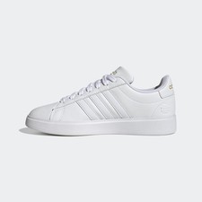 adidas Women's Grand Court 2.0 Tennis Shoe Solid White with Gold Logo