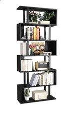 Modern Black 6-Shelf Wood Bookcase, 74" Tall, Anti-Falling, Non-Slip Pads