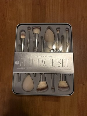 Glitz & Glam Silver Rhinestone 11 Piece Full Face Makeup Brush Sponge Gem Set