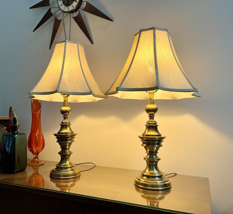 Stiffel Hollywood Regency Brass Lamps, Pair, Set of 2, 26” Tall Table Lamps 70’s