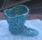 Fenton Blue Iridescent Carnival Glass Boot Figurine 1544 Handmade USA