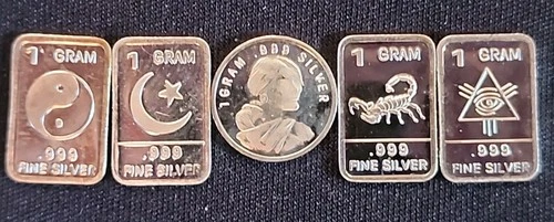 5 x 1 Gram .999 Fine Silver Bars and Round Lot Assorted Designs. Unique & Fun:)