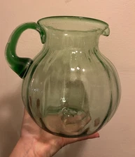 Hand Blown Bubble Mexico Green Large Ribbed Glass Pitcher Gourd Pumpkin