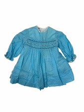 Polly Flinders Girls Vintage Hand Smocked Polka Dot Dress Blue Size 3 Picot Trim