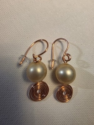  Healing USA PURE COPPER Vtg. Shiny Glass Pearl Earrings Artisan Spirals, Hook