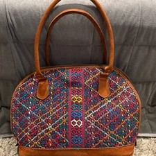 Artisan Handwoven Multicolor Shoulder Bag with Suede Leather Trim