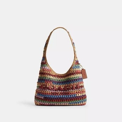 NWT COACH Brooklyn 28 Multi Stripe Straw Shoulder Bag CDZ39