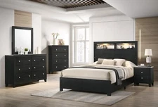 Modern Black & White Marble 6pc Queen Panel Bed LED Wooden Bedroom Furniture Set