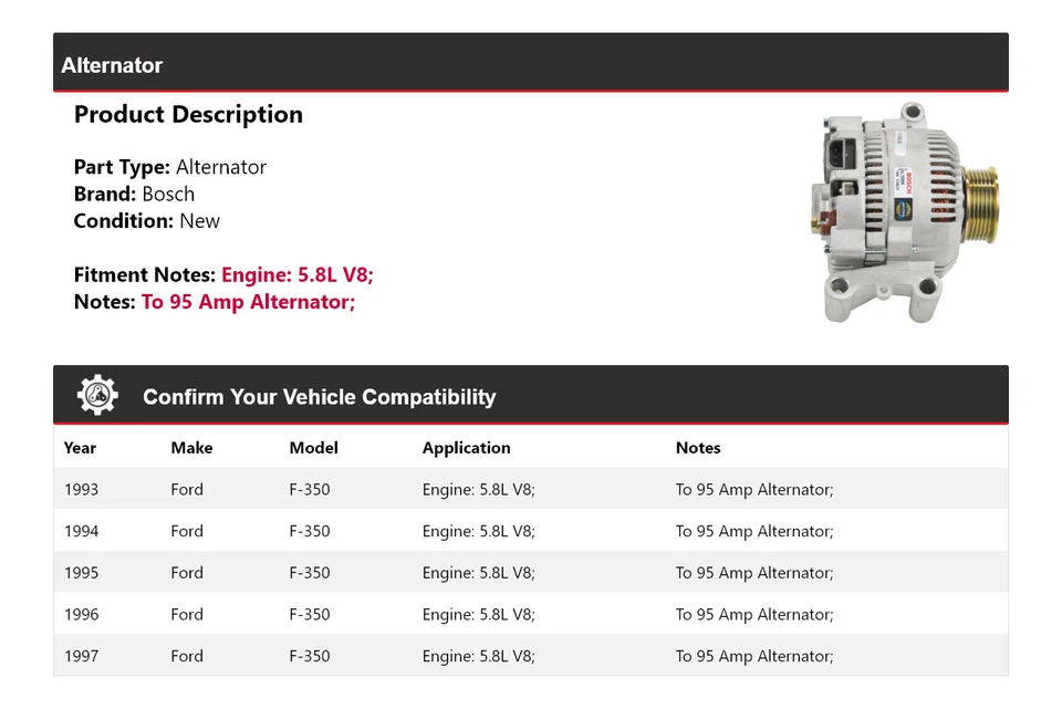 Alternador Bosch para Ford F-350 1993-1997 5,8 L V8 (nuevo) 1994 1995 1996 Foto 2 de 4