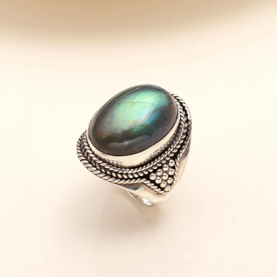 Oval Labradorite Gemstone 925 Silver Anniversary Prong Statement Ring Jewelry - Image 4 of 4