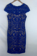 Tadashi Shoji Corded Embroidery On Tulle Cap Sleeve Dress Mystic Blue Nude Sz 6