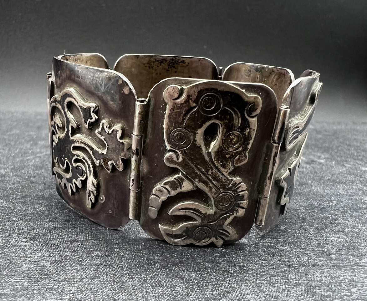 ビンテージ　シルバー925ブレスレット　taxco メキシコ　シェーヌダンクル Chunky Sterling Silver Taxco Gemstone Inlay Bracelet Mexico