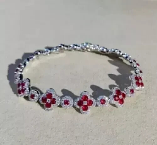 8 Ct Round Lab Created Red Ruby 14k White Gold Plated Women's Tennis Bracelet - Picture 2 of 5
