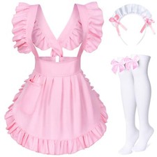 Adjustable Retro Ruffle Maid Costume Apron Pockets With French headdress Sock...