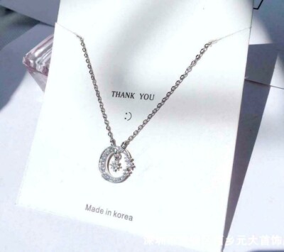 Pave Cubic Zirconia Silver SP Moon & Star Pendant Necklace